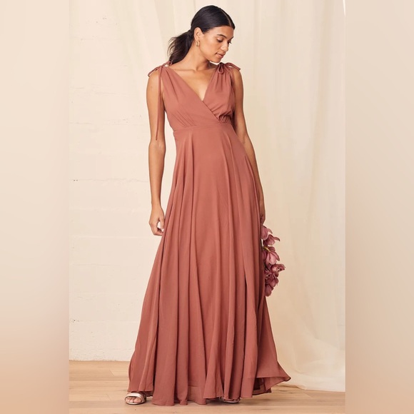 Lulus S Dusty Pink Flowy Maxi Dress Gown Deep V Low Back Bridesmaid Prom - Picture 13 of 14